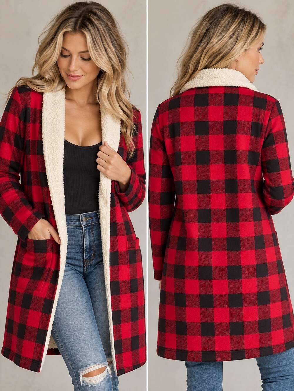 Eddie Bauer Small Red Black Buffalo Plaid Sherpa Cardigan - Picture 1 of 7